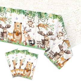 LXlucktim Woodland Plastic Tablecloth for Birthday Baby Shower Decorations - 3 Pack 54'' x 108'' Forest Animal Bear Fox Party Supplies Woodsy Creatures Printed Rectangular Disposable Table Cover