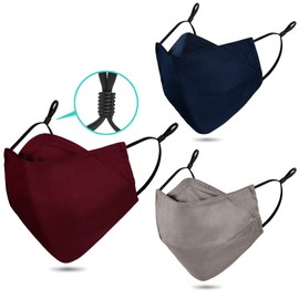 3-Ply Cloth Face Mask Reusable Washable, Cotton Face Masks Nose Wire Filter Pocket Adjustable Ear Loops, Pack of 3 No Fog/Dust for Unisex Adult (1 Blue+1 Burgundy+1 Gray)