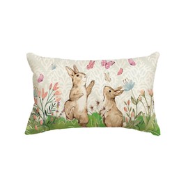 AVOIN colorlife Happy Easter Bunny Flowers Throw Pillow Cover, 12 x 20 Inch Butterfly Rabbit Cushion Case Decoration for Sofa Couch