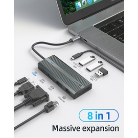 8-in-1 USB C Hub Aluminium Shell Adapter with 4K 60Hz HDMI, VGA, Type C PD 100W, USB 3.0 Port, 1000 m Gigabit Ethernet RJ45 Port, Compatible with MacBook Pro/Air, More Type C Devices