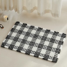 Waffle Bath Mat, Boho Bathroom Rugs Non Slip Washable Absorbent Checkered Bathroom Mat Quick Dry Farmhouse Bathroom Decor, 24"x16" Black and White