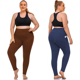 NEW YOUNG 3 Pack Plus Size Leggings with Pockets for Women,High Waist Tummy Control Workout Yoga Pants (X-Large, Black/Coffe/Navy)