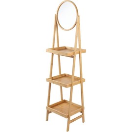 Oakestry 3-Tier Bamboo Shelf Rack with Mirror Freestanding Storage Organizer for Bathroom Bedroom Entryway Natural Wood Display Stand for Towels Toiletries Plants and Accessories
