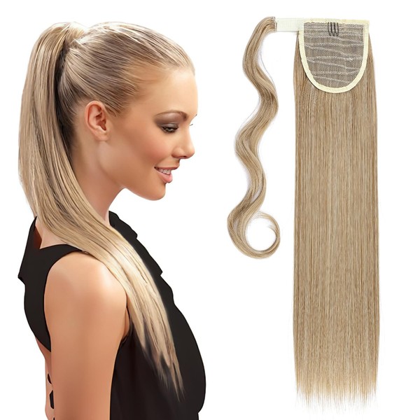 S-noilite Clip-In Extensions, Hairpiece, Ponytail, Straight Hair Extensions, Real, Natural, Synthetic Hair, Realistic, Ponytail with Wrap-around Hair, Various Colours 58 cm – Light Ash Brown Mix Bleach Blonde