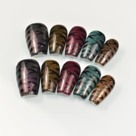 Cat Eye Press on Nails Coffin Medium Handmade Fake Nails with Glitter Colorful Design, Glossy Salon Perfect Magnetic Gel Bling Nails 10 Pcs, Size M