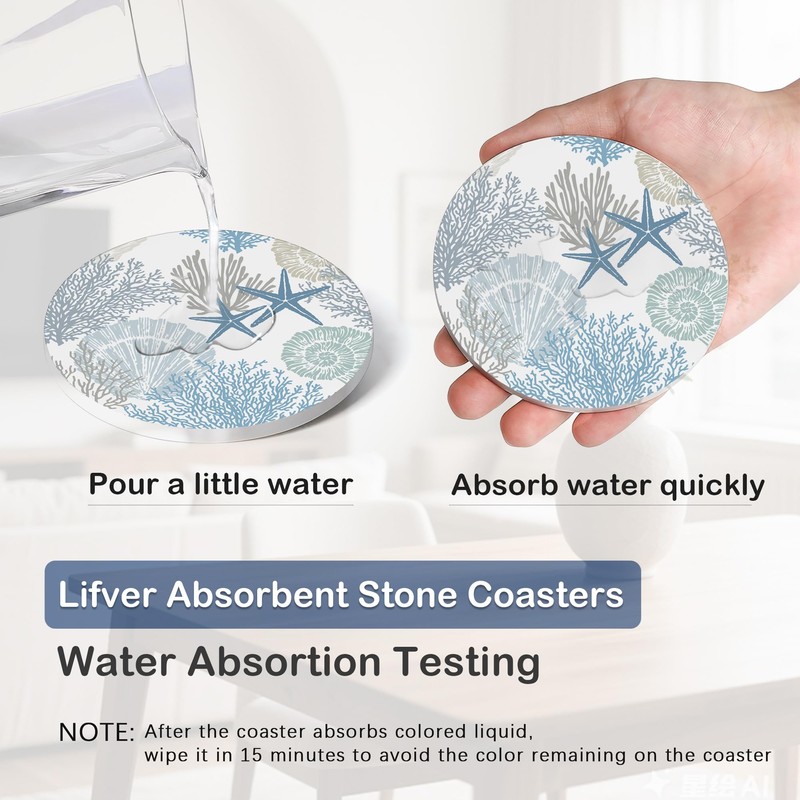 Summer Seashell Starfish Coasters Set of 6,Absorbent Ceramic Coasters with