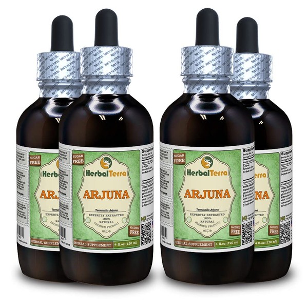 Arjuna (Terminalia Arjuna) Glycerite, Organic Dried Bark Alcohol-FREE Liquid Extract (Brand name: HerbalTerra, Proudly made in USA) 4x4 fl.oz (4x120 ml)