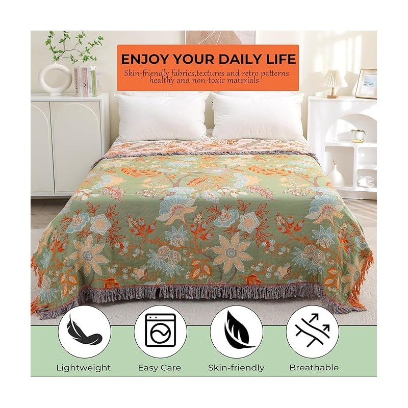 HOORDRY 4-Layer Cotton Gauze Blanket - Reversible, Bohemian Style with