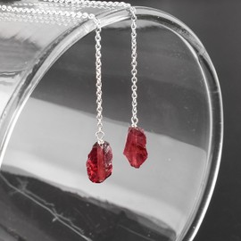 YANARA Natural Raw Garnet Dainty Threader Pair Earrings, Gemstone January Birthstone Crystal, Mother's Day Gifts For Mom Women, Chakra Energy Healing Crystals Jewelry in Silver Plated