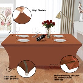 Heochy 2 Pack 6FT Brown Table Cloth for Rectangle Table Stretch Tablecloth Rectangular Fitted Spandex Table Covers 6 ft for Birthday, Cocktail, Wedding, Banquet Outdoor Party