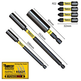 7 Piece SabreCut SCRK9 Magnetic 60mm 100mm and 152mm Professional Impact Bit Holders with 4 x 32mm PZ2 Screwdriver Impact Bits Compatible with Dewalt, Milwaukee, Makita, Bosch and Others
