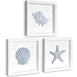 TideAndTales Beach Wall Decor with Blue Shells and Starfish, 3 White Wooden Frames with Pastel Seashells, Elegant Beach Decor for Bathroom or Coastal Bedroom, Ocean Inspired Beach Decorations for Home