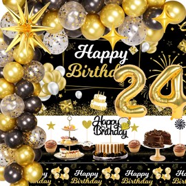 Miidenks 24th Birthday Decorations for Men, 24 Birthday Decorations Include Black and Gold Backdrop Banner, Tablecloth, Gold 24 Number Balloons, Explosion Star Balloons