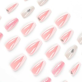 RikView Long Press on Nails White Fake Nails French Tips Nails Pink Coffin Acrylic Nails Glossy Nails 24 PCs/Set