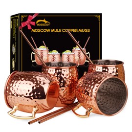 Hossejoy Moscow Mule Copper Cup: Set of 4 - Includes 4 x 550ml Cups 4 Straws in Gift Box - Great for Cocktail Chilled Drinks - 100% Copper Accessories Lovers