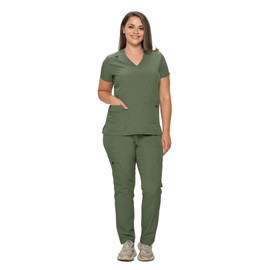Monarch Uniforms Scrub Sets - Regular & Petite Stretchy Scrubs for Women - Set of Top & Pants, Olive Green, Small