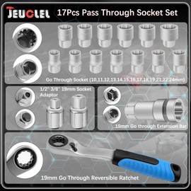 JEUCLEL 17PCS Pass Through Socket Set, Chrome Vanadium Steel, Versatile Space-Saving Design, Efficiency and Dependability, Enhanced Grip and Accessibility