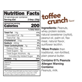 Nuts 'N More Toffee Crunch Peanut Butter Spread, All Natural High Protein Nut Butter Healthy Snack, Omega 3’s, Antioxidants, Low Carb, Low Sugar, Gluten-Free, Non-GMO, no preservatives,16 oz Jar