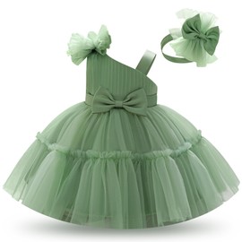 OBEEII Pageant Dress for Baby Girls Bowknot Birthday Party Photoshoot Tulle Tutu Dress with Headband Infant Princess Wedding Flower Girl Outfit Kids Formal Baptism Prom Ball Gown Green 6-9 Months