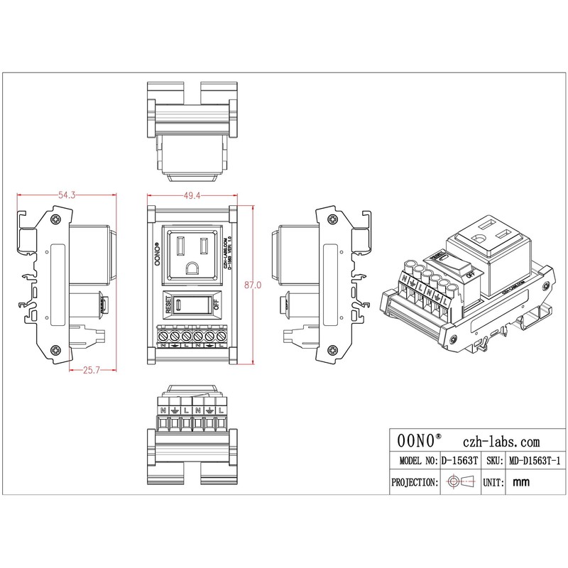 DIN Rail Mount AC 120V NEMA 5-15R Receptacle Outlet Power