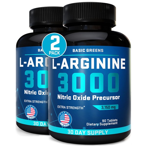 BASIC GREENS L Arginine 3,150mg (180 Tablets) L-Arginine Supplement for Men and Women with Nitric Oxide Precursor | L Arginine Supplement Pills for Men, Sport, Workout, Made in The USA