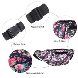 Geestock Fanny Packs for Women, Fashion Printed Waist Bag with Adjustable Strap Waterproof Everywhere Crossbody Belt Bag for Festival, Outdoor Workout, Travel (Navyblue & Flower)