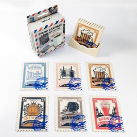 6-Pack Beer Theme Soft Coasters with Holder - Vintage Pub Style Non-Slip Beverage Coaster Set, Thickened Soft Rubber Drink Mats for Home/Office, Gift for Beer Lovers