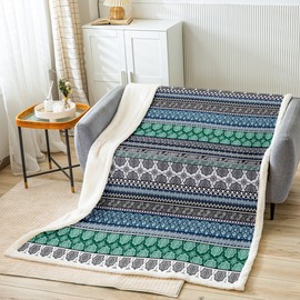 Feelyou Boho Fleece Throw Blanket 40"x50" Bohemian Striped Sherpa Throw Blanket Green Paisley Floral Plush Blanket Women Girls Soft Microfiber Traditional Exotic Tribal Fuzzy Blankets