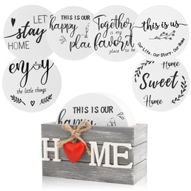 Housewarming Gifts for Home Decoration Wooden Heart Coasters for Drinks 6 Set 4 Inch Funny Farmhouse Coasters with Holder for Coffee Table Protection Housewarming Gifts (White)