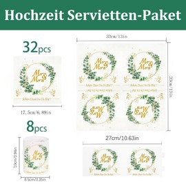 Pack of 32 Eucalyptus Napkins Wedding + 8 Tea Light Holders Table Decoration Wedding Beautiful Dass Du Da Bist Napkins Decoration Wedding Table Decoration Lantern Napkins White Mr & Mrs Decoration