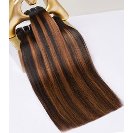 MLIP Raw Bundles Human Hair Straight, No Tangle Shedding, Keep Texture Silky Soft After Multiple Washes, 15A Raw Indian Hair Bundles 16 18 20 Inches, Brown Highlight Color