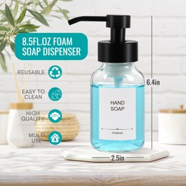 Alotpower Foaming Hand Soap Dispenser Glass 8.5oz 2Pack, Transparent Glass Foaming Soap Dispenser, Round Refillable Foaming Soap Dispenser with Labels for Bathroom & Kitchen
