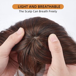 NICENEEDED Fake Bang Wispy, Natural Curved Flaxen Brown Fringe Bang with Clip for Women, False Bang Synthetic Fringe with Temples Hair Extension for Daily Wear