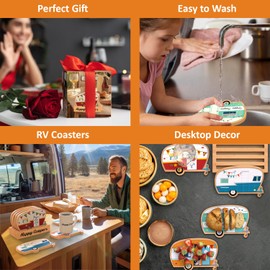 Haigoo Camper Coasters Set of 4, Happy Camper Bamboo Drink Coasters with Holder, Camping Gifts for Camper Lovers Women Men, Suitable for Kinds of Cups, Coffee Table, Camper Decor