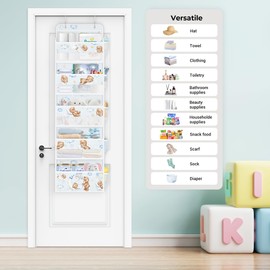 Clastyle Animals Over The Door Organizer Star Nursery Hanging Storage Organizer for Kids Clothes Diaper Toy Closet Door Hanging Shelf Storage for Bedroom Bathroom Pantry, Bear, 5-Tier