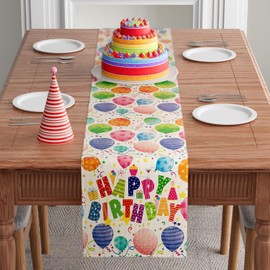 BOTB LIHM Happy Birthday Colorful Balloons Confetti Stars Table Runner Burlap Table Decoration for Home Kitchen Dining Dinner Indoor Holiday Party Farmhouse Decor 13x36 Inch