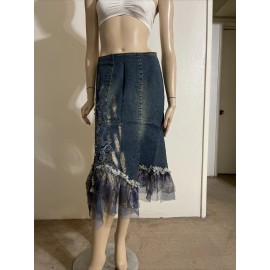 West 36th Blue Denim Beaded Embroidery Lace Boho Asymmetric Zip Size M(6-8) Skirt 9002