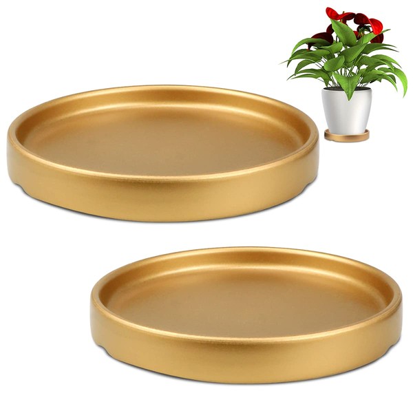 LNQ LUNIQI 7 Inches Round Ceramic Plant Saucer Drip Tray Set of 2 for Indoor Small Flower Pots Home Garden Outdoor Flower Plant Pot,Gold Saucers