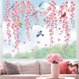 wondever Fenstersticker Kirschblüte Blume Fenster Aufkleber Hängende Blumen Rebe Vögel Fensterbilder Fensteraufkleber Anti-Kollision Doppelseitig Glasaufkleber Glas Deko