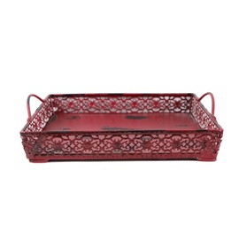 Morning View Antique Burgundy Metal Serving Tray with 2 Handles, Decorative Tray for Serving Breakfast Dining Tea Traditional Coffee Table Tray for Home Decor
