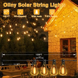Ollny 50+2 LEDs ST38 Solar String Lights, 100 FT USB & Solar Dual Charging Outdoor String Lights, 3 Modes 5 Timers 10 Brightness 2200K Waterproof Patio Lights for Porch Garden Market Bistro Camping