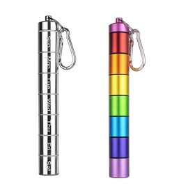 7 Days Rainbow Colour Aluminum Pill Bottle with Carabiner ，Stackable Metal Pill Container，Waterproof Travel Cute Pill Box Holder (1 Rainbow Pill Bottle and 1 Silver Pill Bottle)