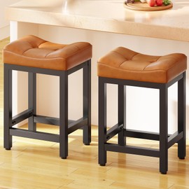 Dripex Counter Height Saddle Bar Stools Set of 2, 24 Inch Backless Faux Leather Barstools for Kitchen Island Counter, Kitchen Stools with 4" Thick Saddle Seats & Heavy Duty Metal Legs, Brown