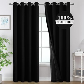 Estelar Textiler Black 100% Black Out Curtains 84 Inch Long 2 Panels for Bedroom,Thermal Insulated Sound and Heat Blocking Curtains for Living Room, Complete Room Darkening Solid Window Drapes,52Wx84L