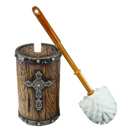 Ebros Gift Rustic Western Old World Country Scroll Art Filigree Silver Cross with Faux Wood Design Toilet Brush and Sanitary Holder Set Cowboy Cowgirl Cabin Lodge Accent