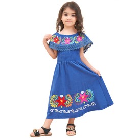 Vestidos Mexicanos para Niñas Royal Blue Flower Embroidery Traditional Dress for Girls Cinco De Mayo Fiesta Size 7-8