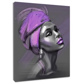 LB African American Women Canvas Wall Art, Beauty Black Woman Purple Hair Canvas Art, Abstract Minimalist Painting Wall Decor for Living Room Bedroom Bathroom Home Decor Ready to Hanging 12x16 Inch