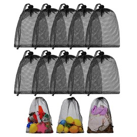 JINJUMEI Pack of 10 Drawstring Mesh Bags 25 x 30 cm Nylon Bag Storage Mesh Bag Golf Ball Bags Mesh Pack Sack for Travel, Collecting and Sports, black