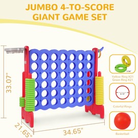 Peekabu Giant 4-in-A-Row Connect Game Outdoor, Jumbo 4-to-Score Yard Games for Kids and Adults with Basketball Hoop Outdoor Party Family Holiday Games with 42 Rings & Quick-Release Slider