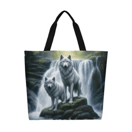 Muishi Cute Wolf Waterfall Canvas Tote Bag Large Women Casual Shoulder Bag Handbag Reusable Beach Shopping Grocery Bag For Outdoors